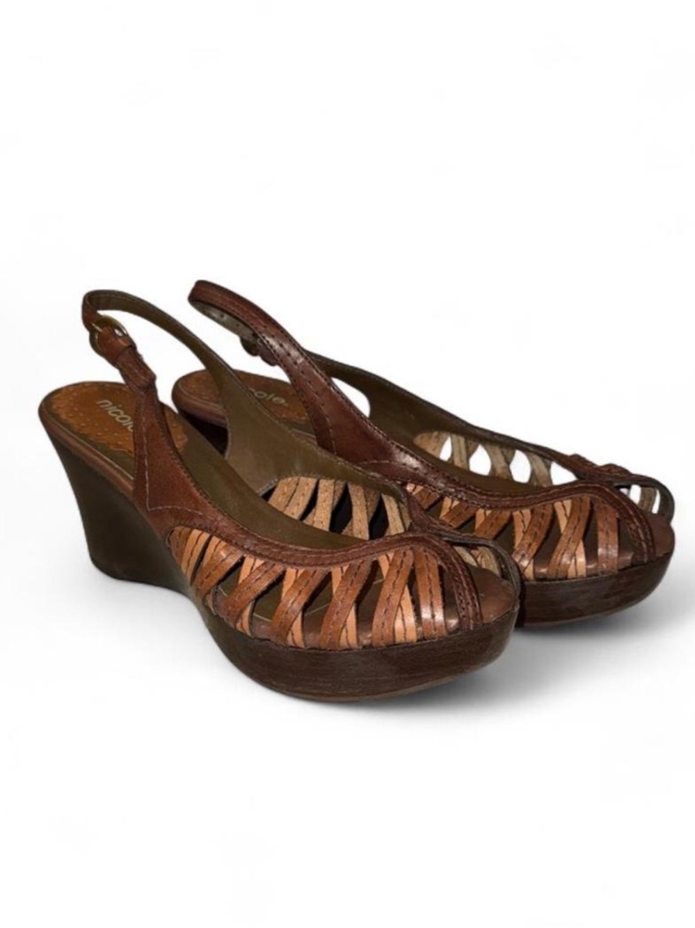 Women's Brown Leather Woven Wedge Sandals